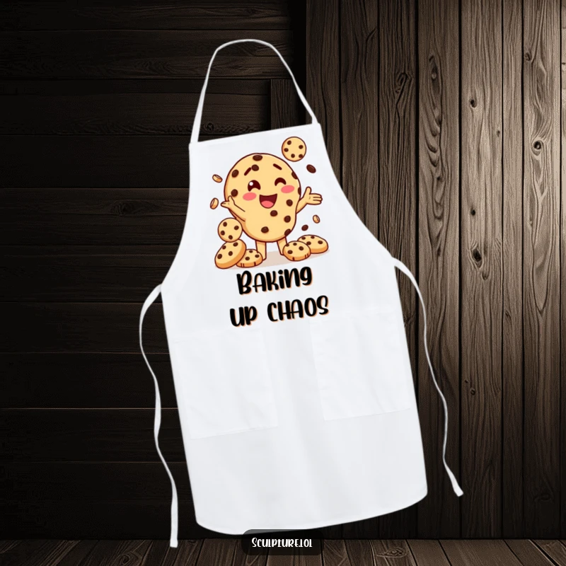 Funny apron showcasing a delighted chocolate chip cookie character juggling smaller cookies, perfect for adding humor to any kitchen task.