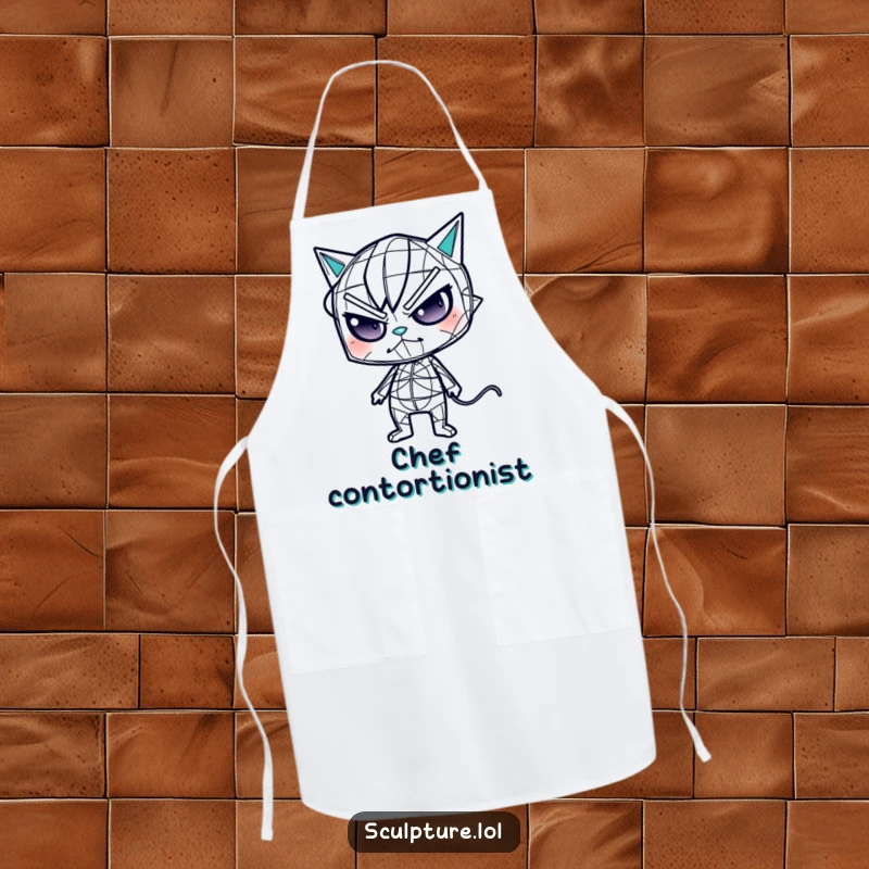 Funny wireframe apron showing a mischievous character doing odd contortions, perfect for a humorous kitchen experience.