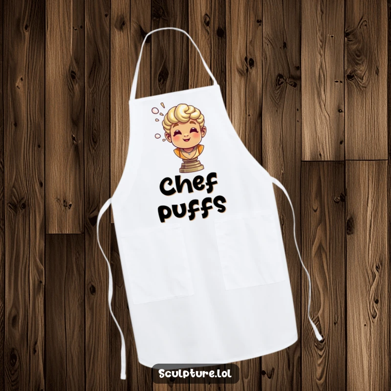 Funny bronze bust apron showing a cheerful sculpture blowing air, perfect for a humorous cooking experience.