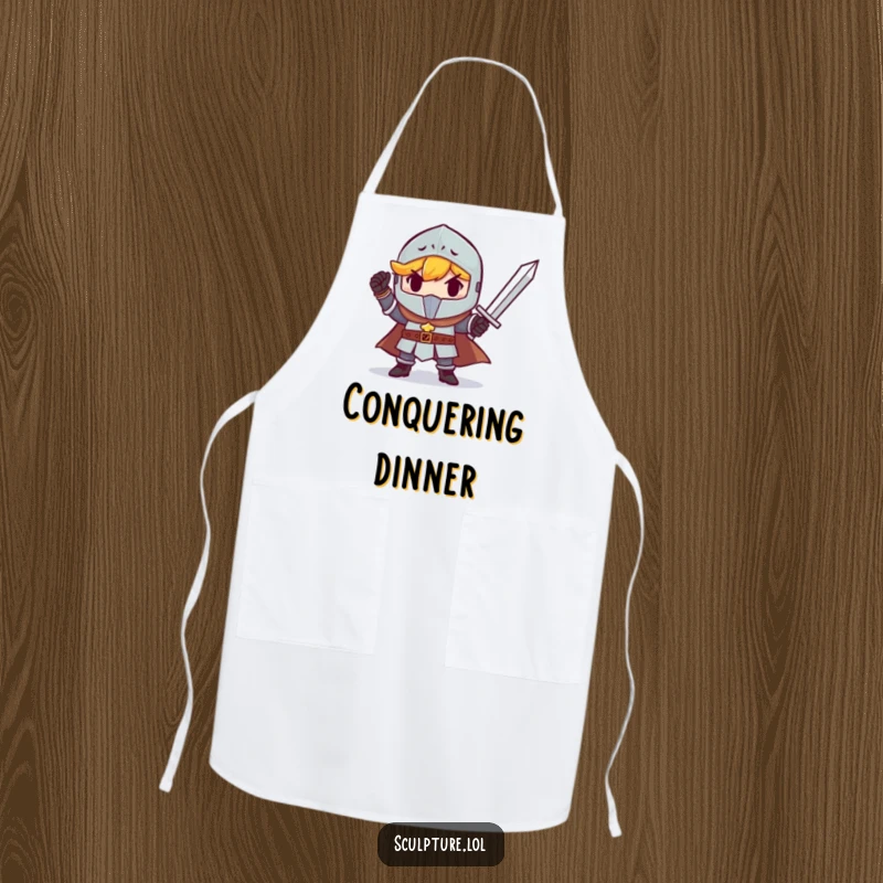 Funny small knight holding a tiny sword triumphantly while cooking. A humorous and practical kitchen apron.