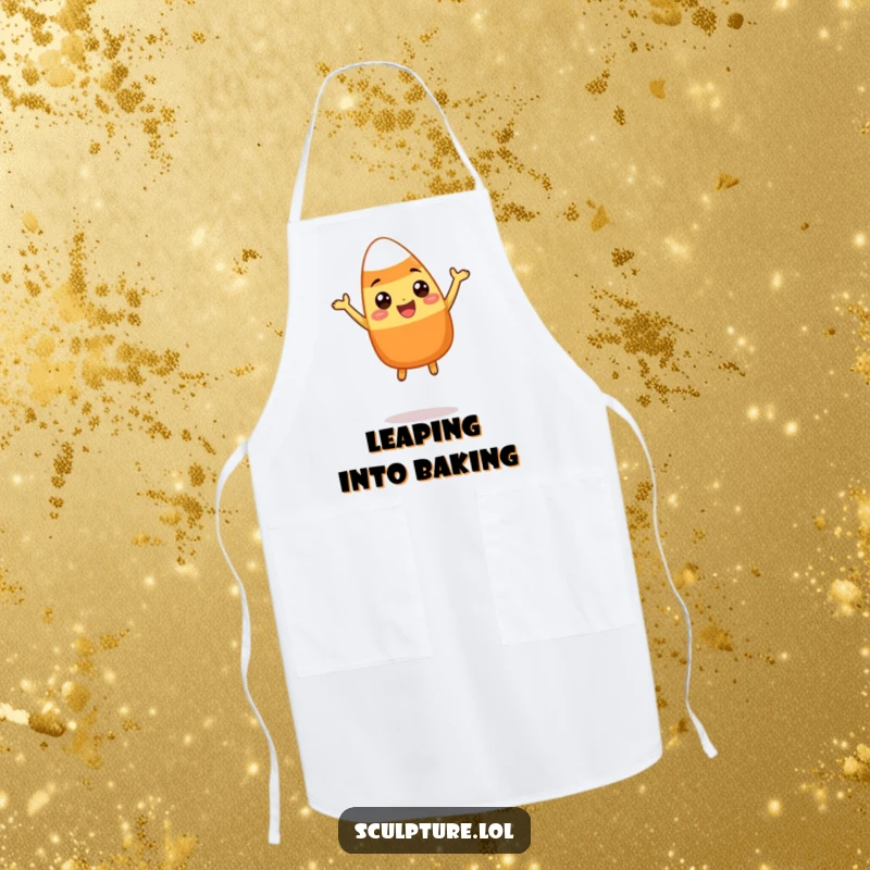 Funny apron designed with a happy candy corn character doing a silly leap, perfect for cooks who enjoy a festive and humorous kitchen.