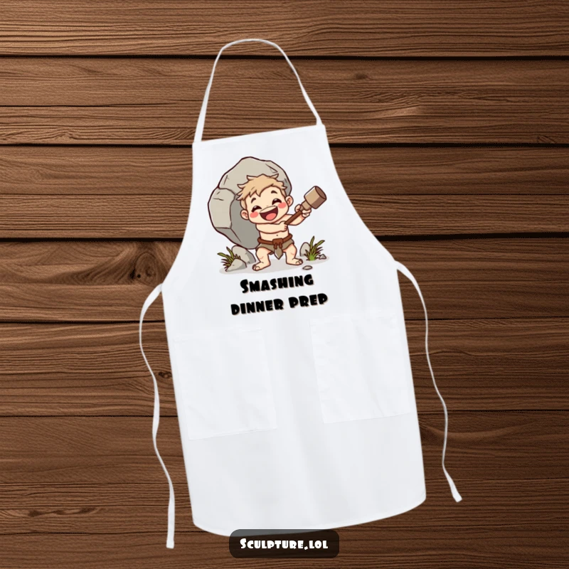 Funny caveman apron, cheerful character whacking boulder with club, primitive kitchen wear, humorous cooking accessory, great funny gift.