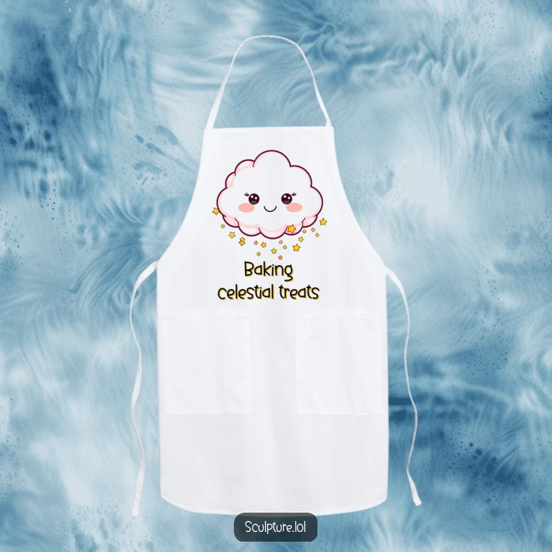Funny apron with a cheerful sculpted cloud character raining tiny stars, ideal for a magical cook.