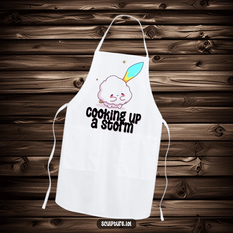 Funny apron featuring a fluffy cloud character reaching to hug a flying meteor, designed for a fun and charming cooking experience.