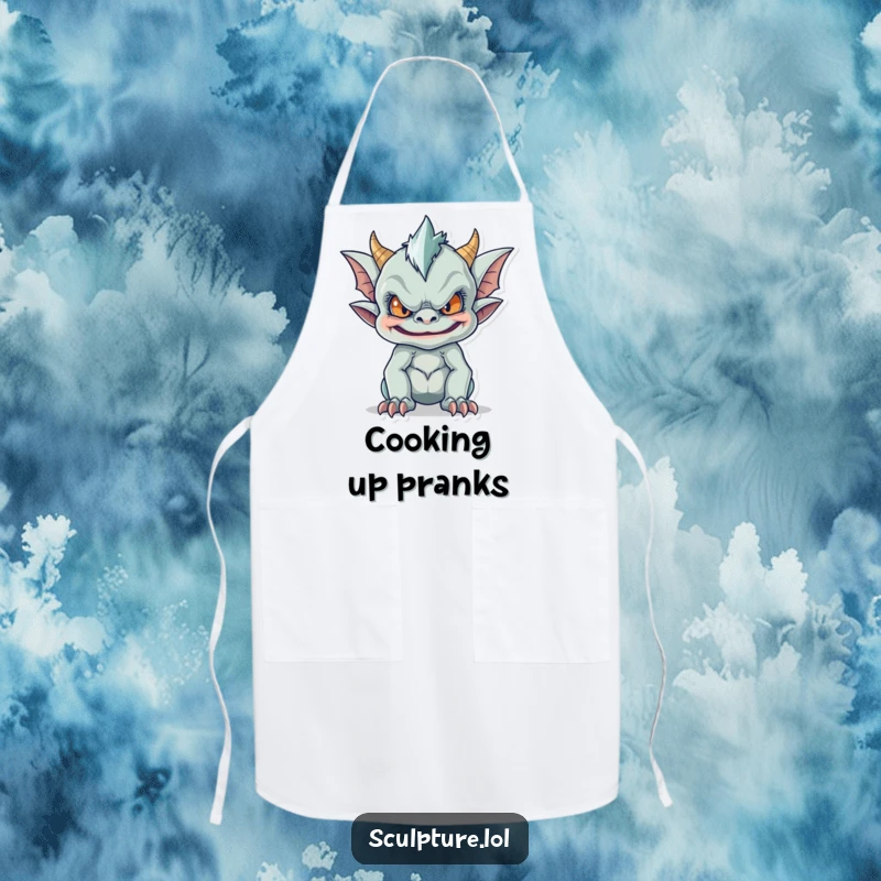 Funny apron displaying a mischievous gargoyle making a funny face, ideal for the kitchen artist who enjoys unique and humorous designs.