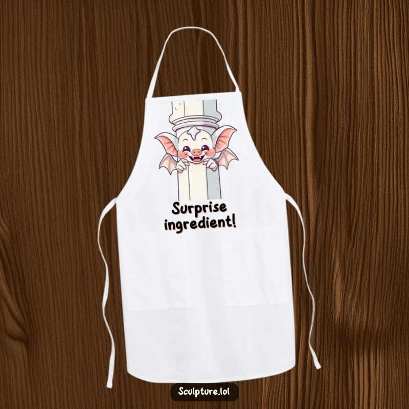 Funny Gargoyle Apron: A giggling gargoyle humorously peeks from behind a column, suitable for a fun kitchen experience.