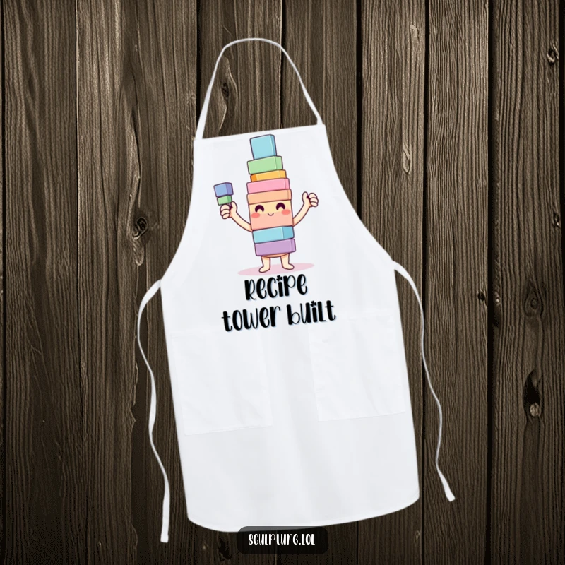 Funny Apron featuring a happy character proudly showing a colorful, wobbly tower of blocks, ideal for kitchen creativity.