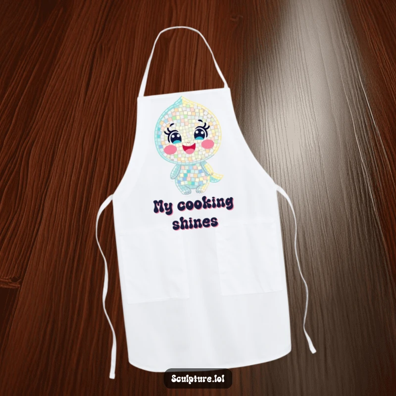 Funny apron featuring a joyful mosaic character composed of tiny shimmering pieces, perfect for a stylish kitchen.