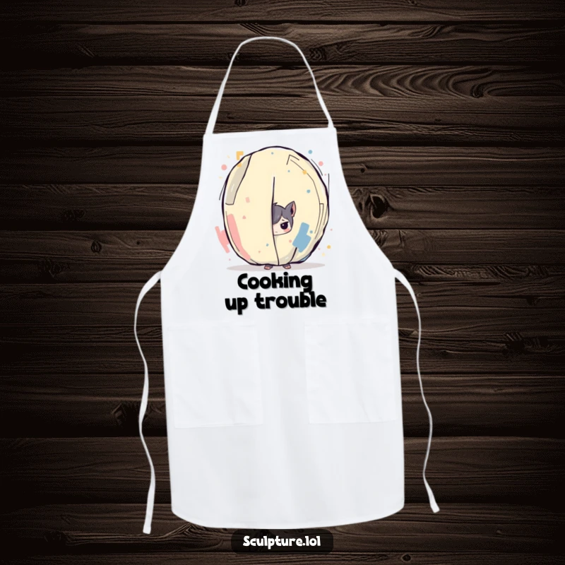 Funny apron with a mischievous character hiding behind a large abstract art canvas, designed for chefs who love to cook with humor.