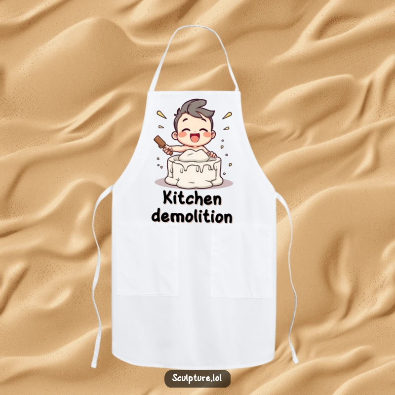 Funny apron featuring a joyful character enthusiastically smashing a plaster mold, designed for chefs who love to break molds and have fun.