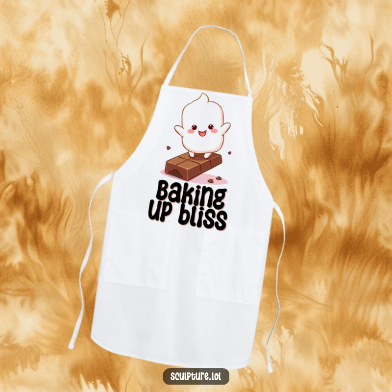 Funny fluffy marshmallow character apron bouncing with glee on a chocolate bar, perfect for baking fun.