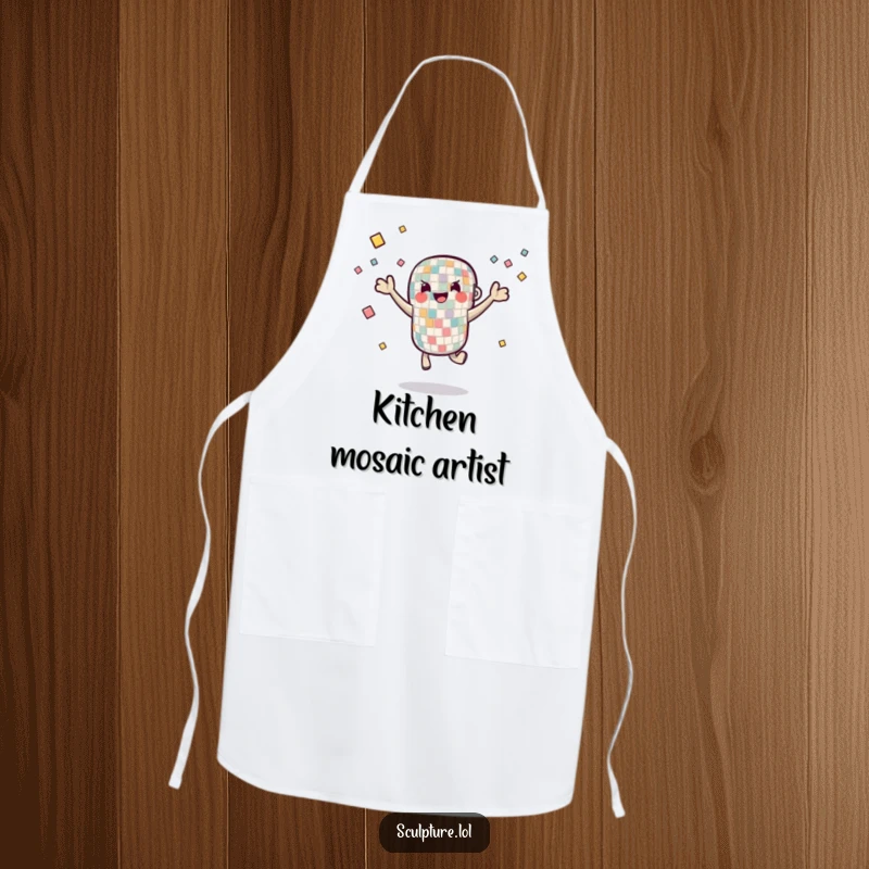 Funny Apron depicting a mosaic tile character juggling small pieces, ideal for protecting clothes with artistic flair and humor.