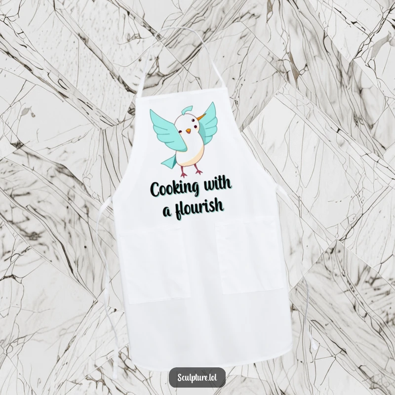 Funny playful origami bird unfolding with joy apron, perfect for kitchen use with a cheerful papercraft and humorous touch.