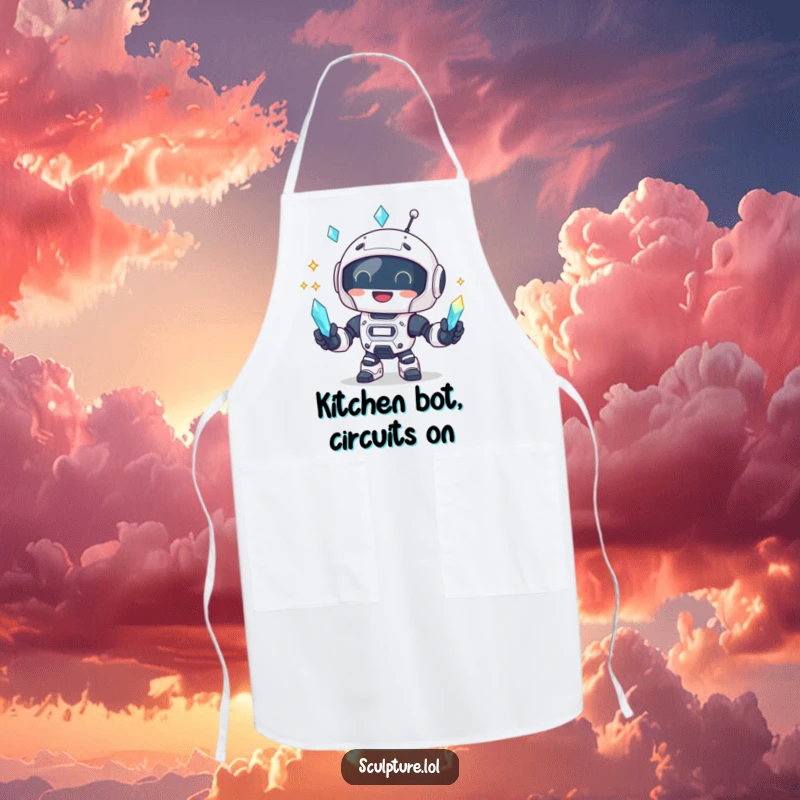 Funny robot juggling crystals on a kitchen apron, ideal for cooking enthusiasts.