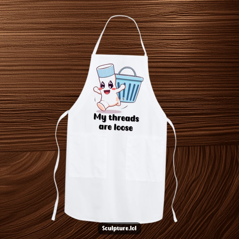 Funny apron with a sock comically running from a laundry basket, designed for kitchen fun and protection.