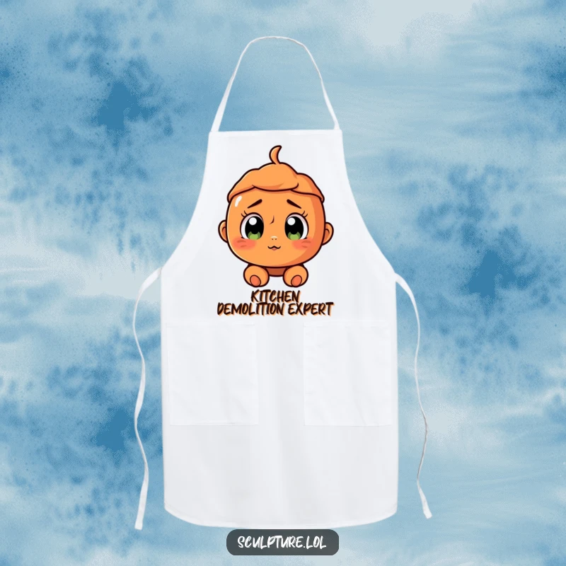 Funny surprised terracotta character apron with a cracked smile and wide eyes, designed for humorous kitchen adventures.