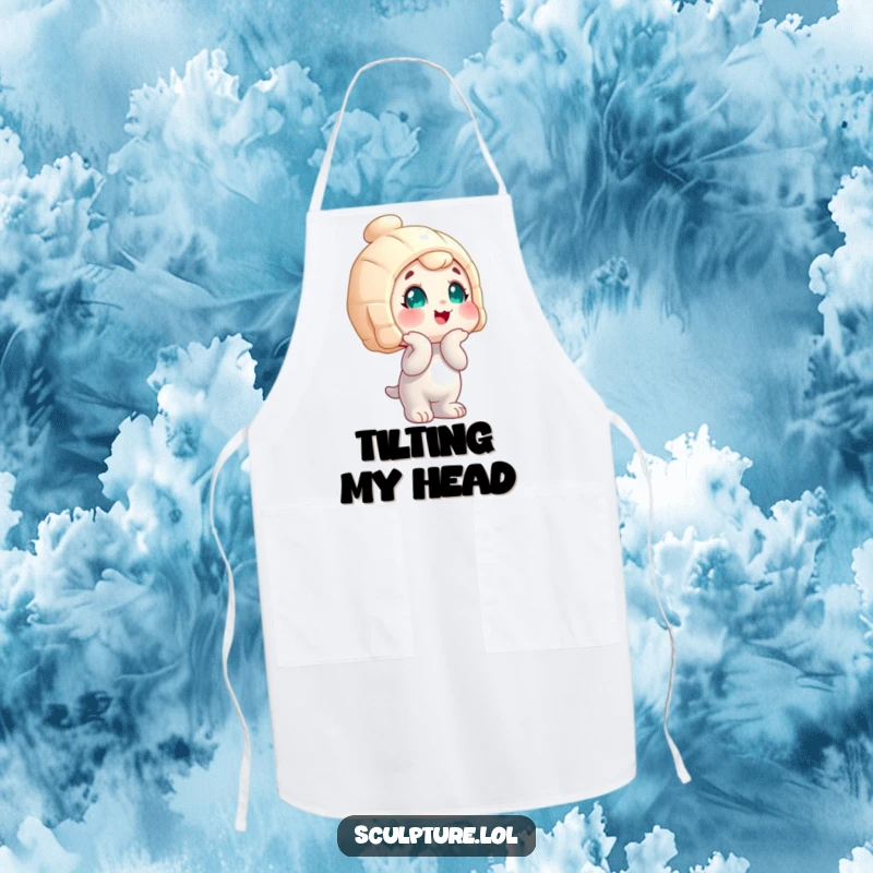 Funny wobbly statue character apron, head tilted curiously, perfect for kitchen use with a humorous and practical design.