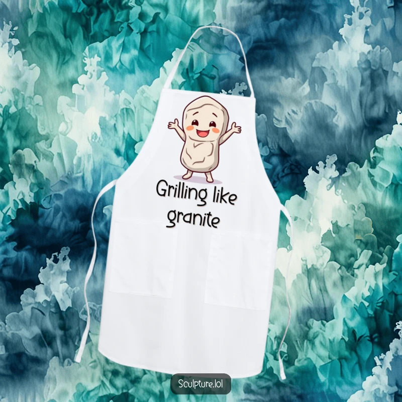 Funny stone figure apron with a happy character doing a little dance jig, bringing humorous rhythm to cooking tasks.