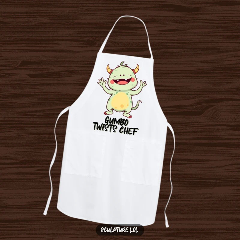Funny apron with a whimsical monster in a funny yoga pose, bringing humor to the kitchen.