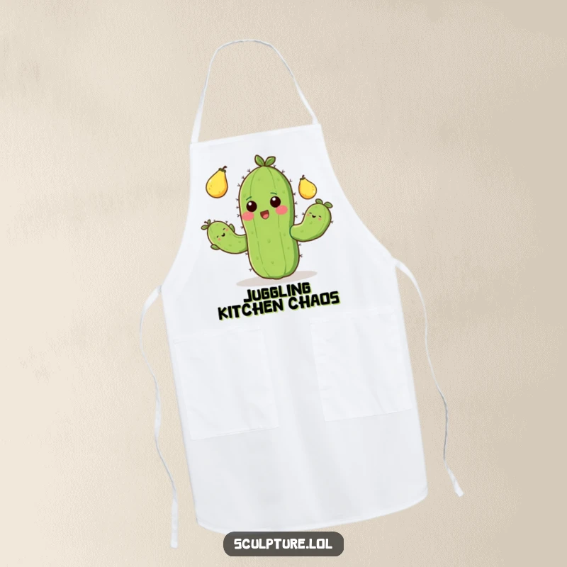 Funny apron showing a happy cactus juggling prickly pears, designed for cheerful kitchen protection.