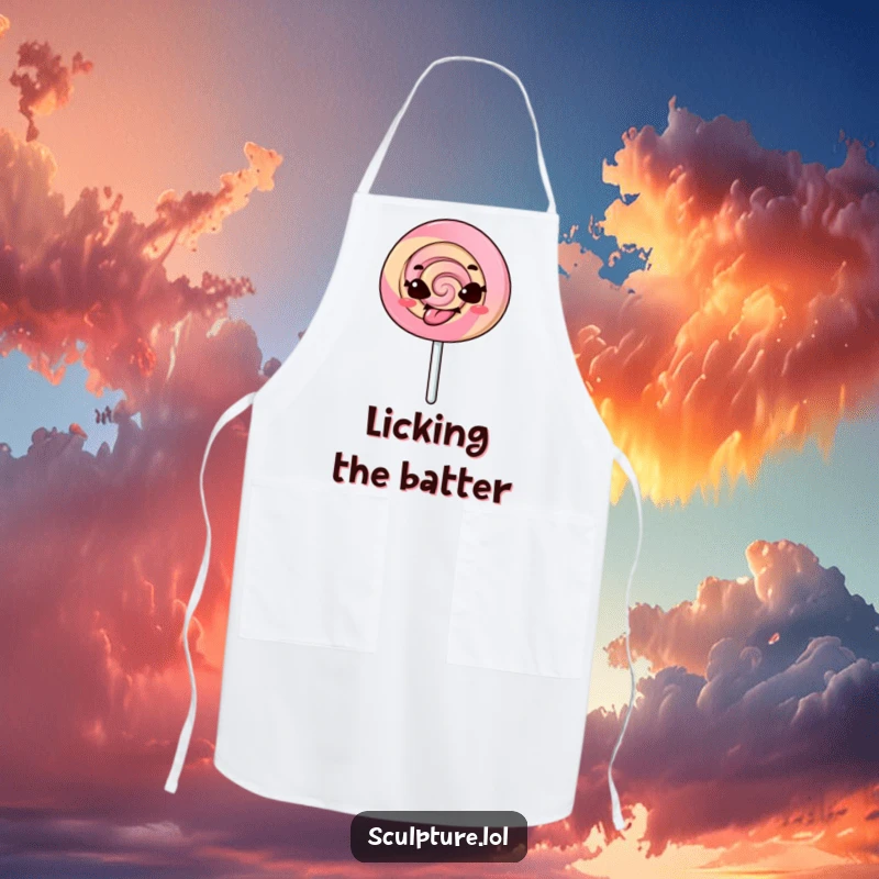 Funny apron designed with a mischievous lollipop character sticking its tongue out, perfect for cooks who enjoy a sassy and humorous kitchen.