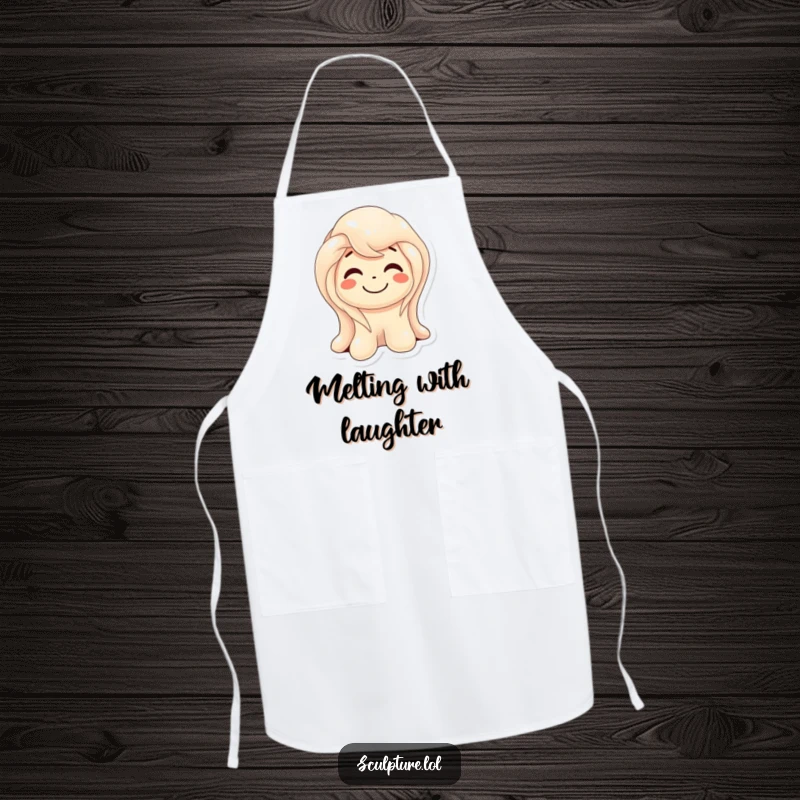Funny melting wax sculpture apron with a smiling character gently melting, perfect for adding humor to cooking tasks.