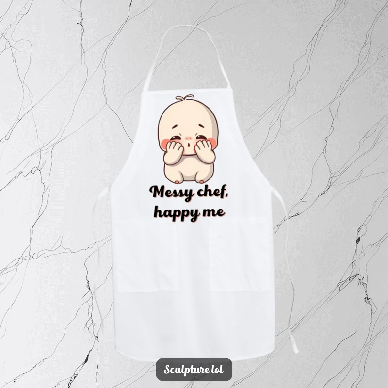 Funny chubby clay apron showing a cute character delightedly smushing its face with hands, perfect for cooks who enjoy delicious moments.