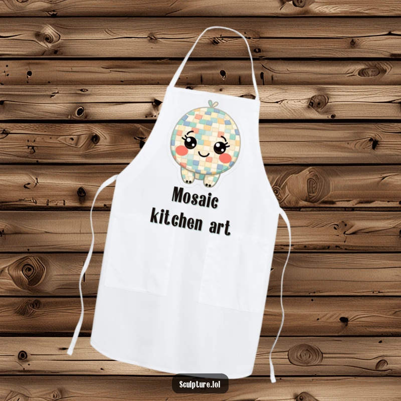 Funny apron featuring a curious mosaic character composed of tiny tiles, its smiling eyes adding a touch of playful artistry to cooking.