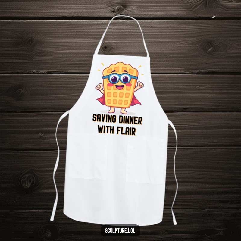 Funny waffle apron featuring a smiling waffle character in a superhero cape, ready to tackle any recipe with bravery.