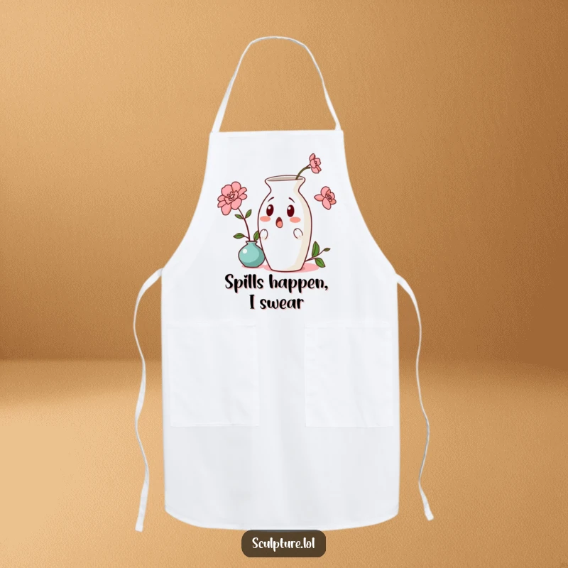 Funny surprised ceramic vase apron, depicting a comical leaning vase, ideal for kitchen use with a humorous artistic touch.