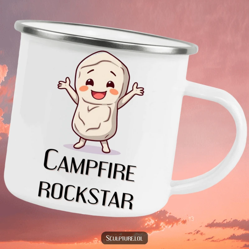 Funny stone figure camping mug with a happy character doing a little dance jig, ideal for durable outdoor drinks.