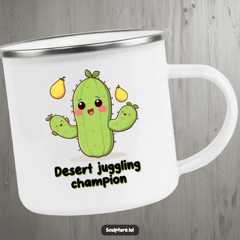 Funny camping mug with a happy cactus juggling prickly pears, perfect for outdoor adventures and humorous hydration.