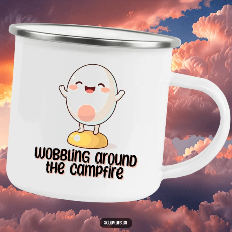 Funny camping mug with a durable design showcasing a happy abstract character joyfully wobbling, perfect for outdoor enjoyment.