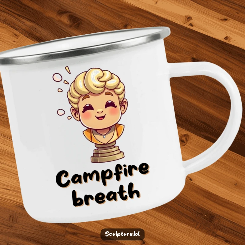 Funny bronze bust camping mug with a cheerful sculpture blowing air, perfect for outdoor art lovers.