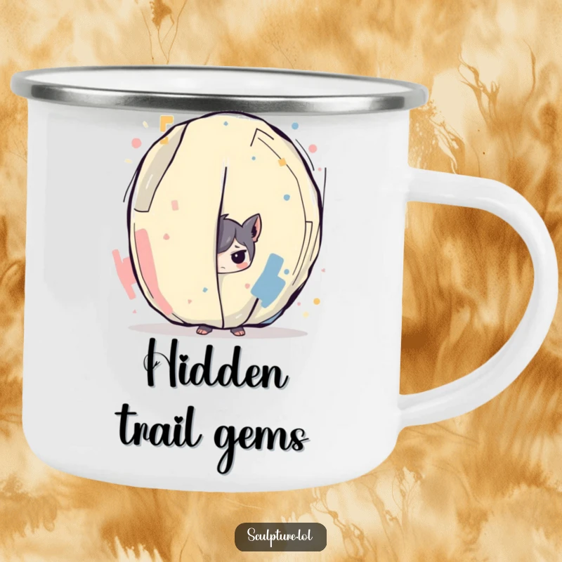 Funny camping mug featuring a mischievous character peeking from behind a large abstract art design, perfect for enjoying drinks outdoors humorously.