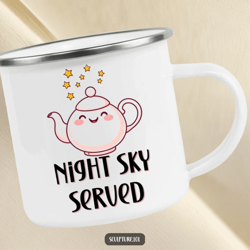 Funny camping mug featuring a cheerful teapot pouring stars, ideal for enjoying beverages with a magical touch outdoors.