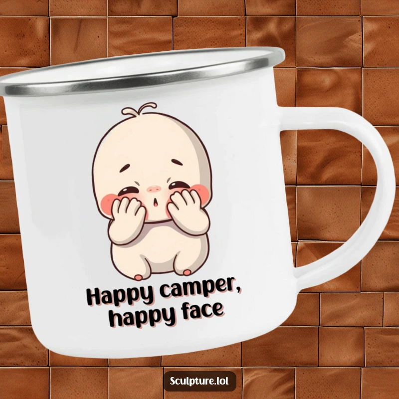 Funny chubby clay camping mug of a cute character joyfully smushing its face with hands, perfect for enjoying outdoor moments with humor.