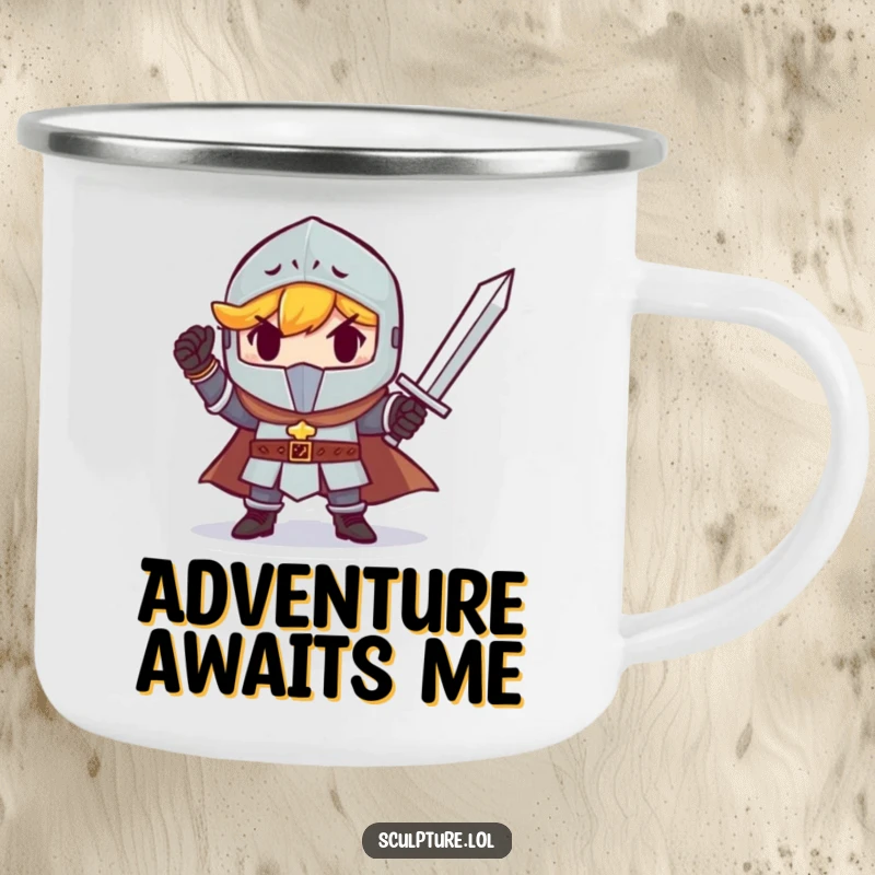Funny small knight triumphantly holding a tiny sword, perfect for outdoor adventures. A durable and humorous camping mug.