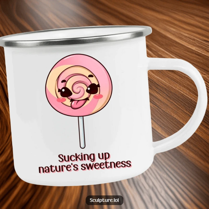 Funny camping mug with a mischievous lollipop character sticking its tongue out, built for outdoor fun and infused with sassy humor.