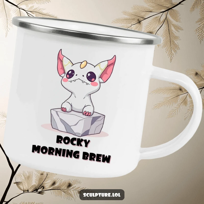 Funny camping mug showing a bizarre creature emerging from marble, ideal for outdoor excursions and lovers of unique art and humor.