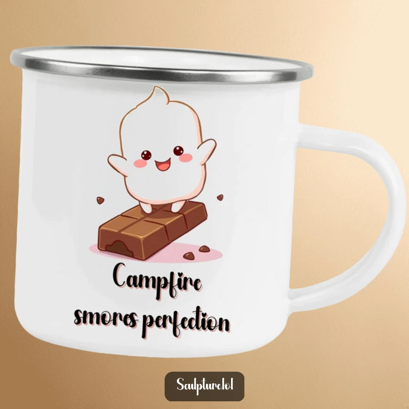 Funny fluffy marshmallow character camping mug bouncing with glee on a chocolate bar, durable and sweet.