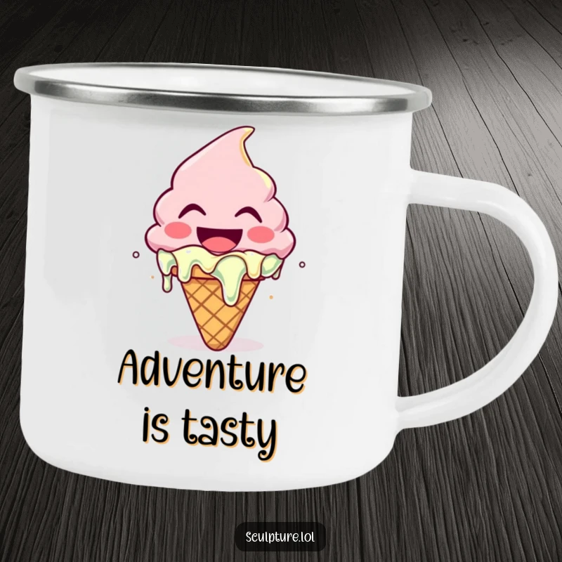 Funny camping mug featuring a joyfully melting ice cream cone character, perfect for sweet sips on outdoor trips.