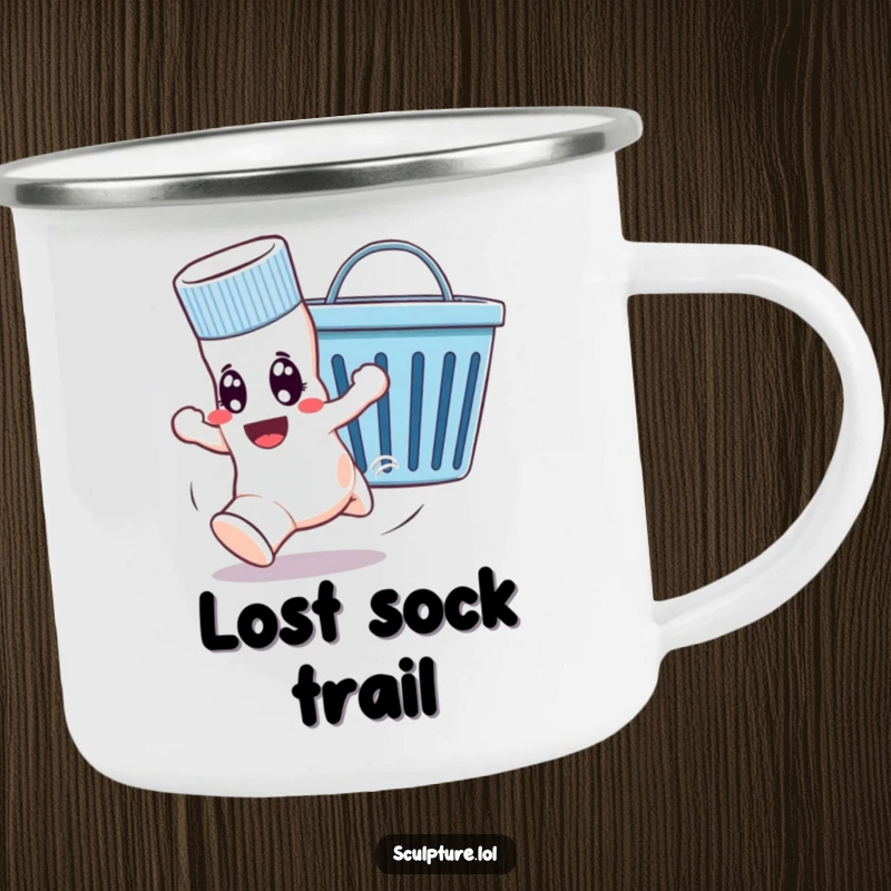 Funny camping mug showing a sock comically fleeing a laundry basket, ideal for outdoor enthusiasts who love humor.