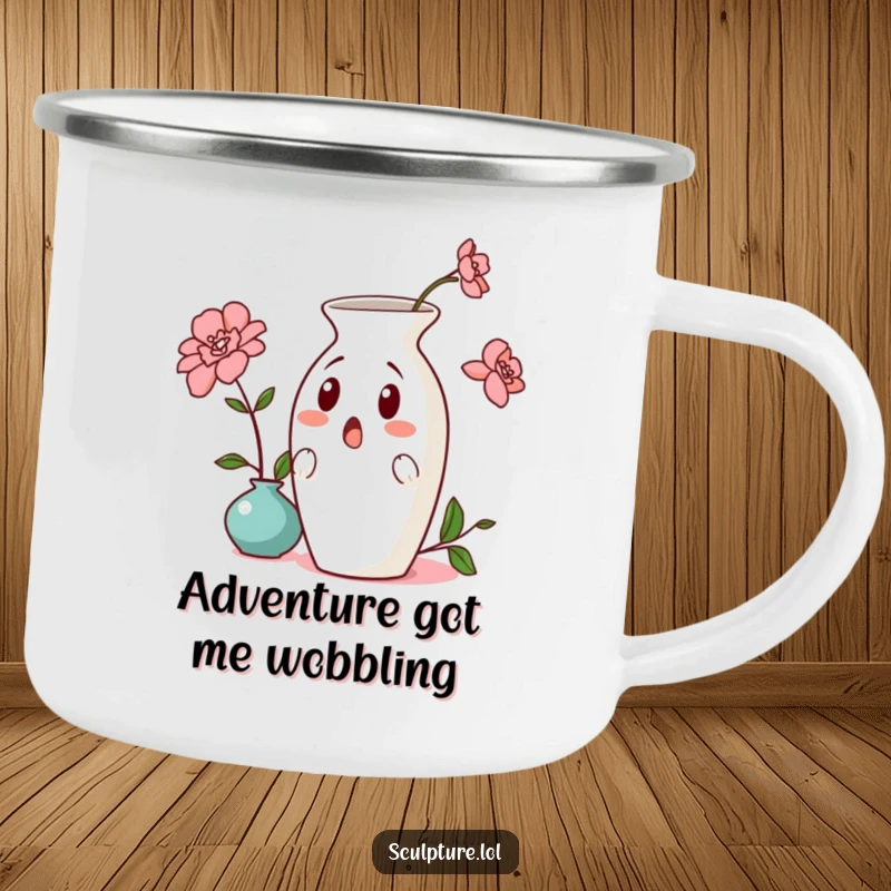 Funny surprised ceramic vase camping mug, showing a comical leaning vase, perfect for outdoor adventures with a humorous touch.