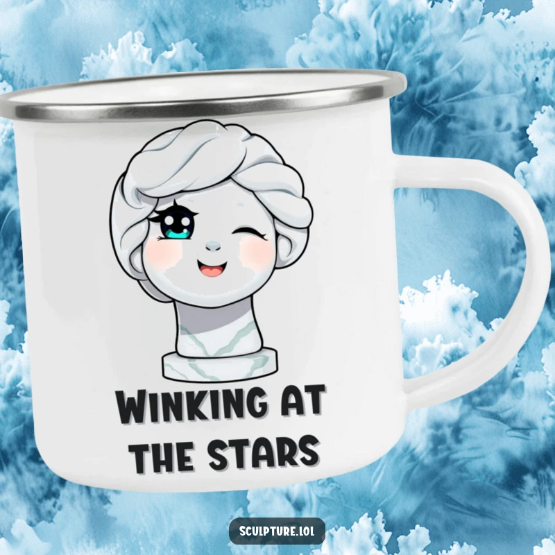 Funny delighted marble statue winking an eye camping mug, perfect for outdoor adventures with a blend of art and humor.
