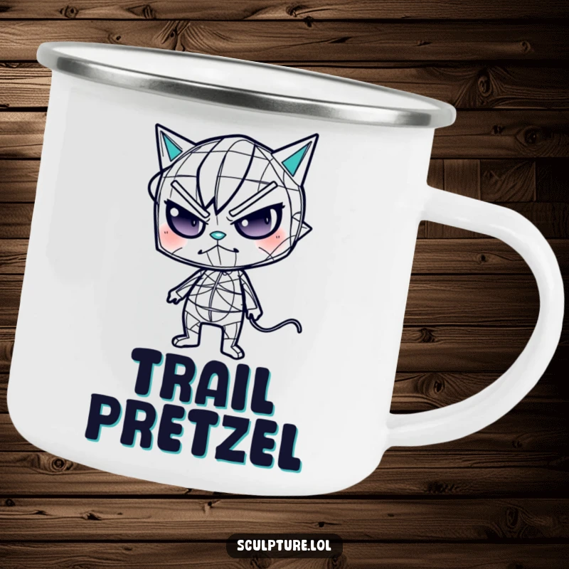 Funny wireframe camping mug with a mischievous figure in an odd pose, perfect for outdoor humor.