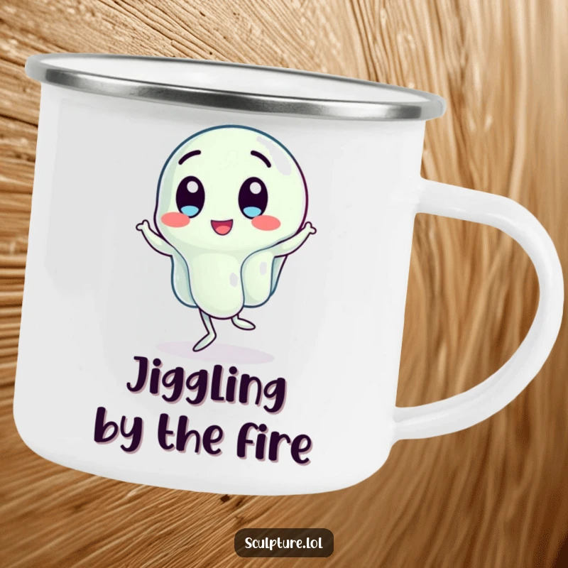 Funny camping mug with a wobbling jelly character doing a jig, built for outdoor adventures and infused with jiggly, humorous charm.