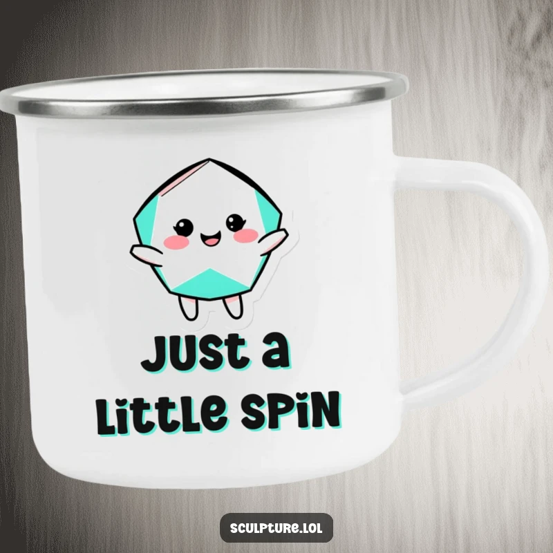 Funny geometric shape camping mug showing a cheerful character in a silly rotation, perfect for outdoor adventures and playful moments.