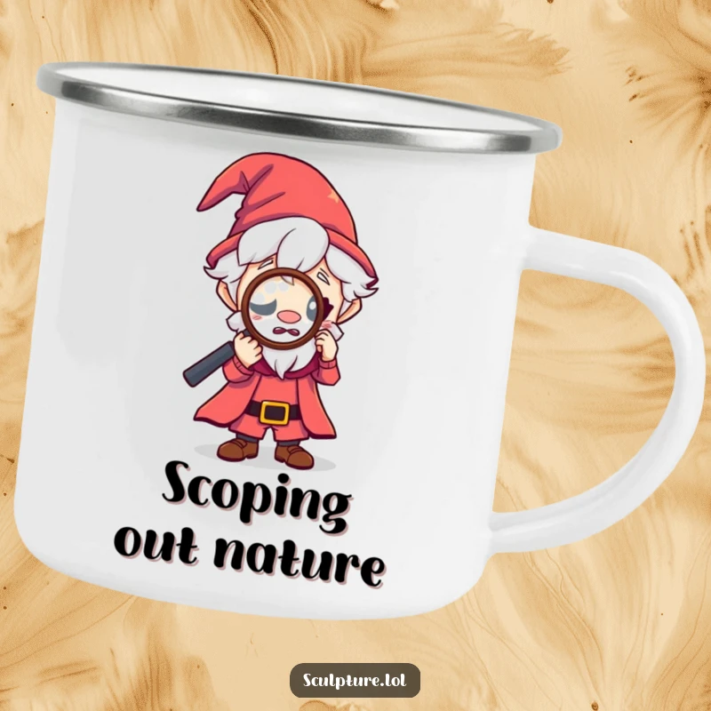 Funny tiny wizard camping mug, curious character looking through magnifying glass, magical outdoor gear, humorous drinkware, ideal funny gift.