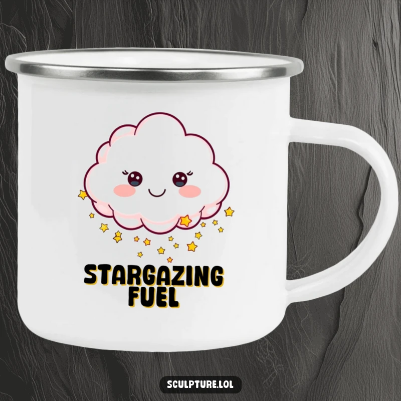 Funny camping mug with a cheerful sculpted cloud character raining tiny stars, perfect for stargazing campers.